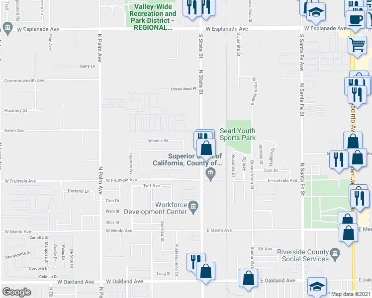 map of restaurants, bars, coffee shops, grocery stores, and more near 1010 Battersea Road in Hemet