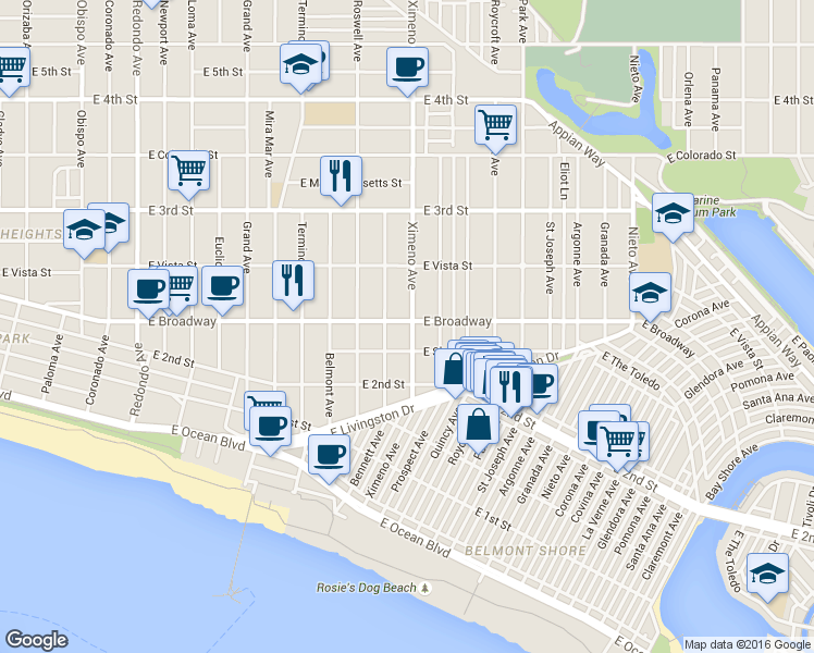 map of restaurants, bars, coffee shops, grocery stores, and more near 227 Ximeno Avenue in Long Beach