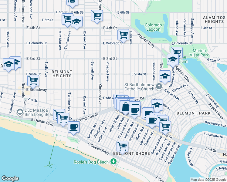map of restaurants, bars, coffee shops, grocery stores, and more near 4525 East Shaw Street in Long Beach