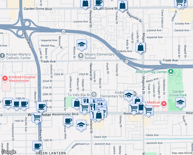 map of restaurants, bars, coffee shops, grocery stores, and more near 13652 Lorna Street in Garden Grove