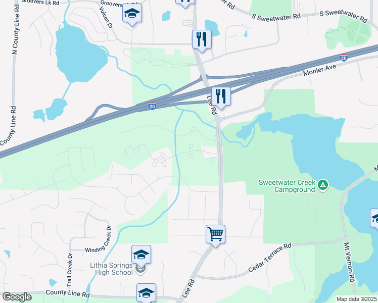 map of restaurants, bars, coffee shops, grocery stores, and more near 505 Villas Ridge Drive in Lithia Springs