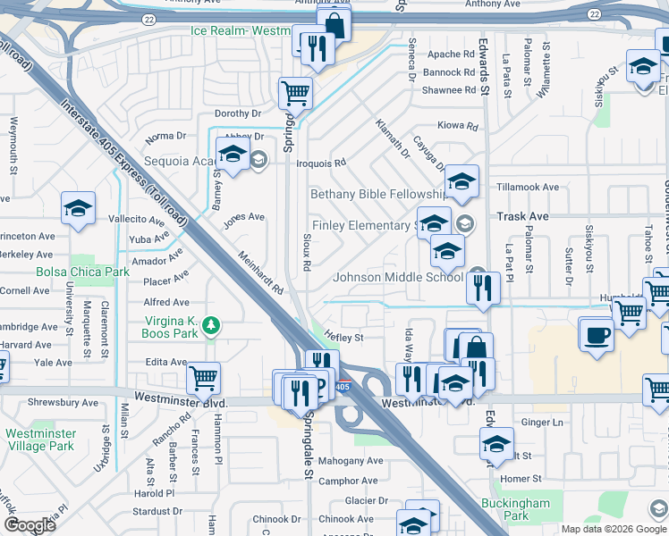 map of restaurants, bars, coffee shops, grocery stores, and more near 6091 Navajo Road in Westminster
