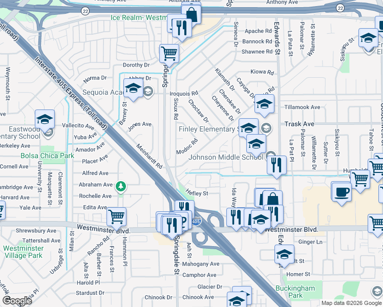 map of restaurants, bars, coffee shops, grocery stores, and more near 6102 Modoc Road in Westminster
