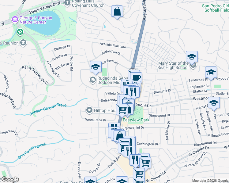 map of restaurants, bars, coffee shops, grocery stores, and more near 1825 Valleta Drive in Rancho Palos Verdes