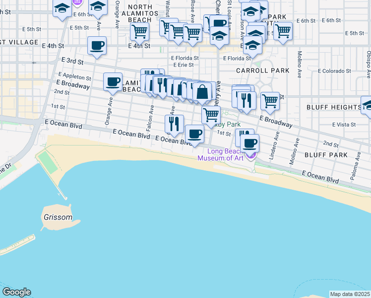 map of restaurants, bars, coffee shops, grocery stores, and more near 1800 East Ocean Boulevard in Long Beach