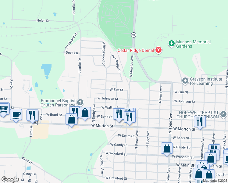 map of restaurants, bars, coffee shops, grocery stores, and more near 1531 West Elm Street in Denison