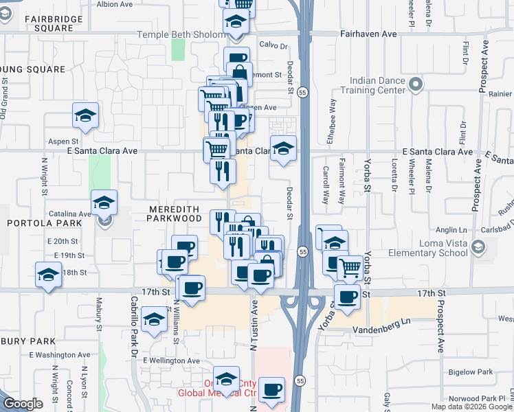 map of restaurants, bars, coffee shops, grocery stores, and more near 2010 Catalina Avenue in Santa Ana