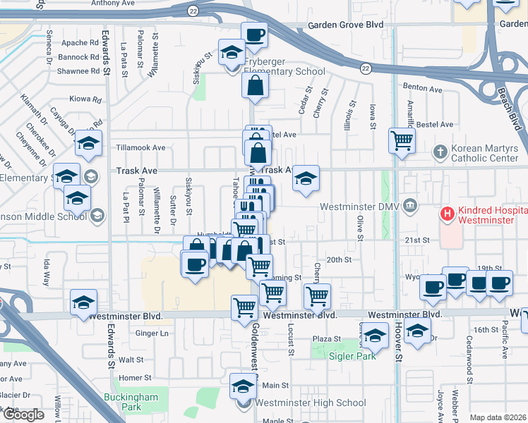 map of restaurants, bars, coffee shops, grocery stores, and more near 7042 Fenway Drive in Westminster