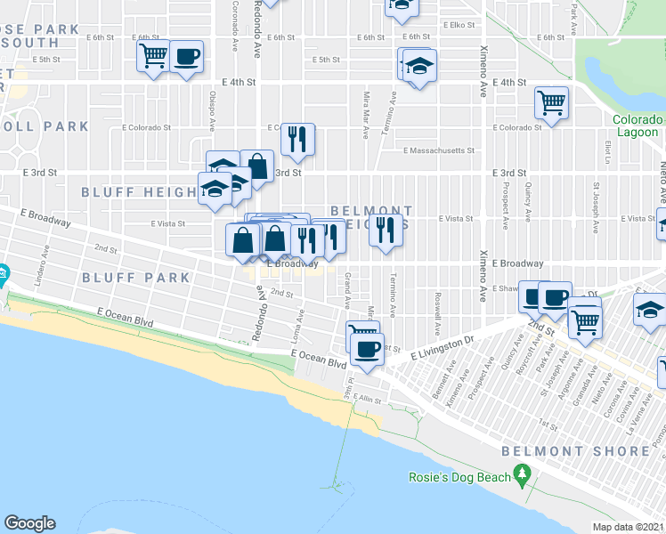 map of restaurants, bars, coffee shops, grocery stores, and more near 230 Euclid Avenue in Long Beach