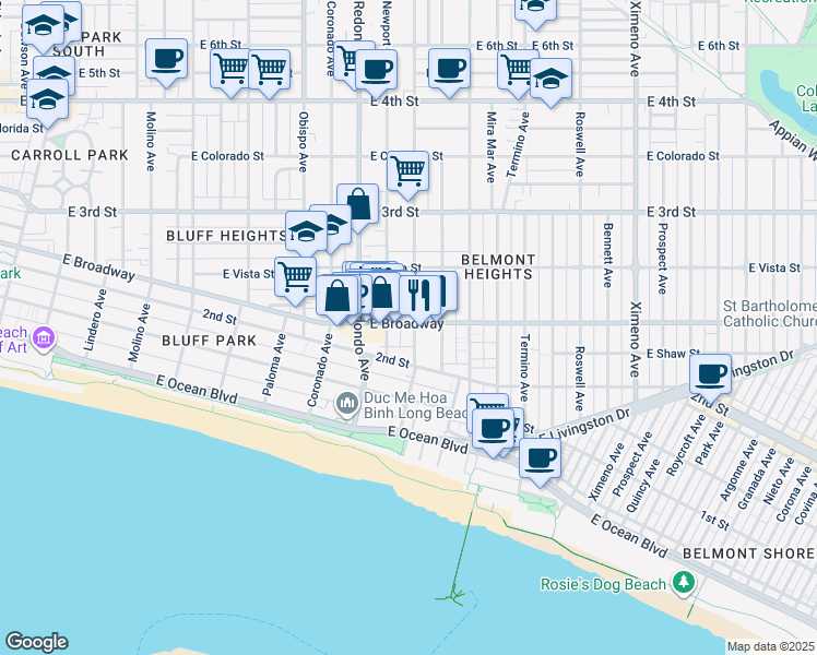 map of restaurants, bars, coffee shops, grocery stores, and more near 231 Loma Avenue in Long Beach