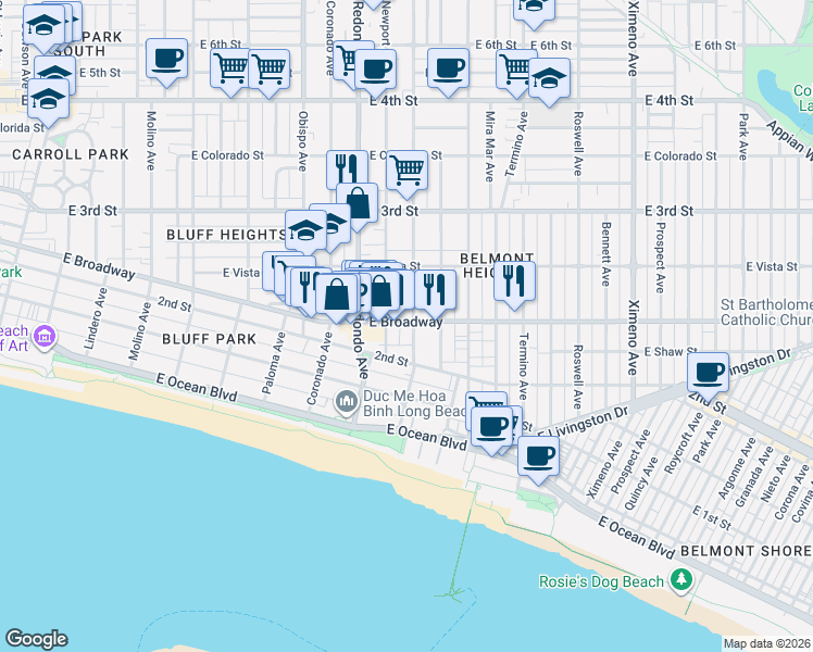map of restaurants, bars, coffee shops, grocery stores, and more near 231 Loma Avenue in Long Beach