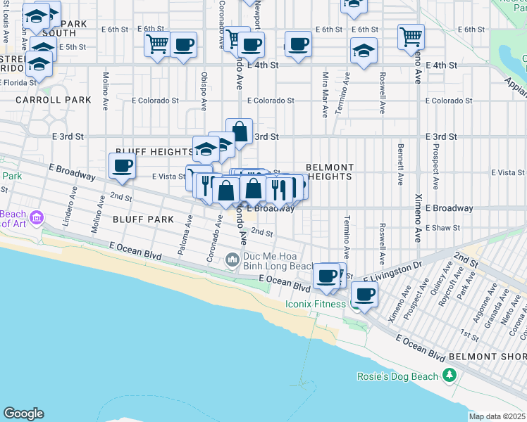 map of restaurants, bars, coffee shops, grocery stores, and more near 231 Loma Avenue in Long Beach