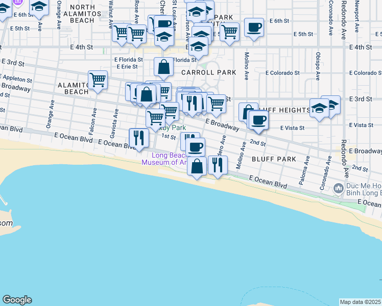 map of restaurants, bars, coffee shops, grocery stores, and more near 2128 East 1st Street in Long Beach