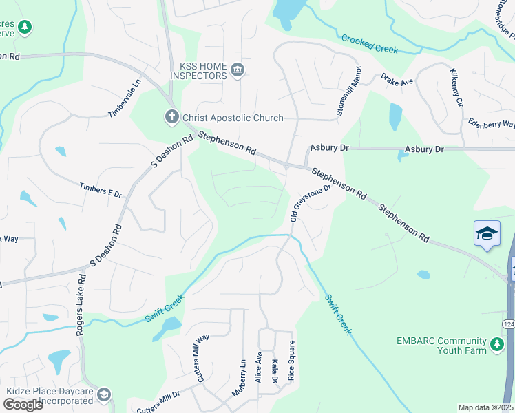 map of restaurants, bars, coffee shops, grocery stores, and more near 7169 Brushwood Bend in Lithonia