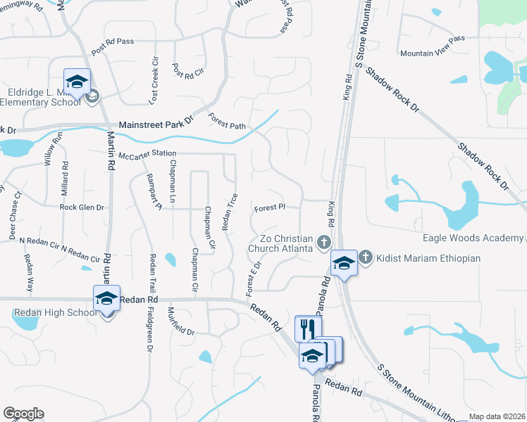 map of restaurants, bars, coffee shops, grocery stores, and more near 5387 Forest Place in Stone Mountain