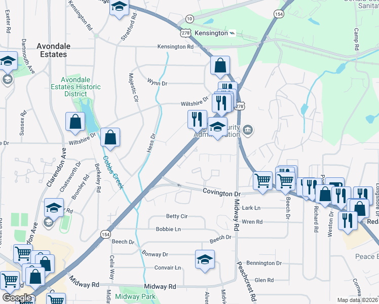 map of restaurants, bars, coffee shops, grocery stores, and more near 1061 North Village Drive in Decatur