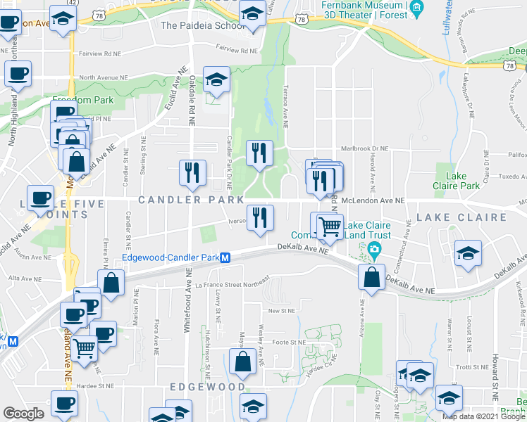 map of restaurants, bars, coffee shops, grocery stores, and more near 1527 McLendon Avenue Northeast in Atlanta