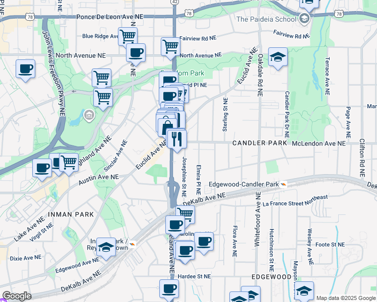 map of restaurants, bars, coffee shops, grocery stores, and more near 1206 McLendon Avenue Northeast in Atlanta