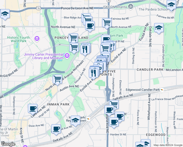 map of restaurants, bars, coffee shops, grocery stores, and more near 405 Sinclair Avenue Northeast in Atlanta