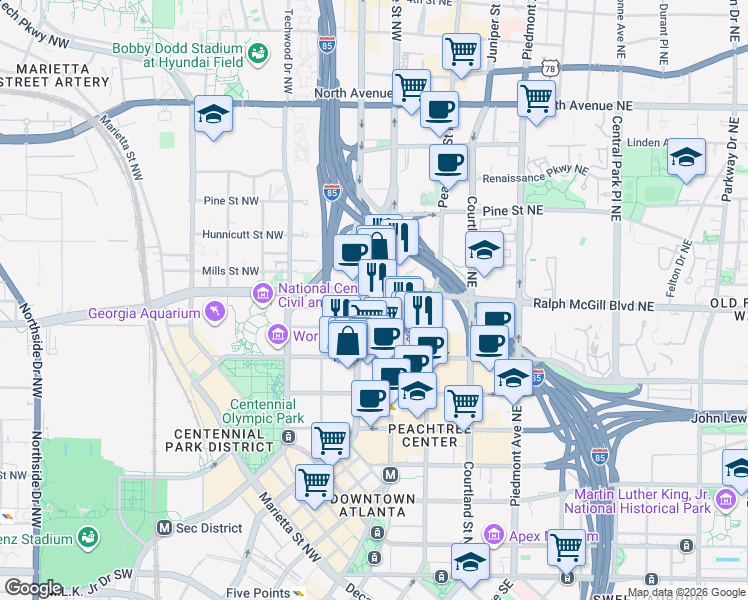 map of restaurants, bars, coffee shops, grocery stores, and more near 45 Ivan Allen Junior Boulevard Northwest in Atlanta
