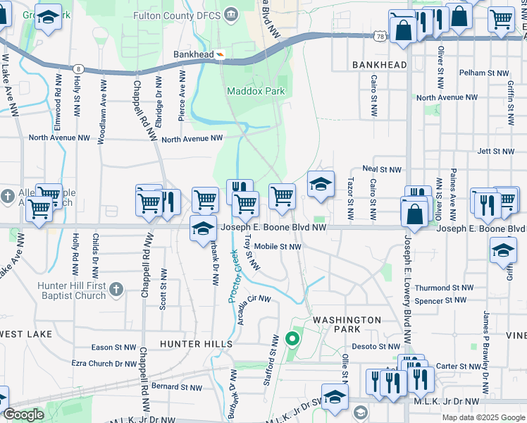 map of restaurants, bars, coffee shops, grocery stores, and more near 1155 Joseph E. Boone Boulevard Northwest in Atlanta
