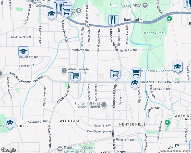 map of restaurants, bars, coffee shops, grocery stores, and more near 362 Woodlawn Avenue Northwest in Atlanta