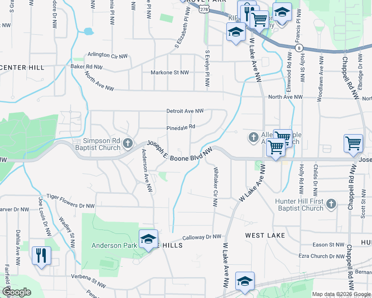 map of restaurants, bars, coffee shops, grocery stores, and more near 361 Simpson Terrace Northwest in Atlanta