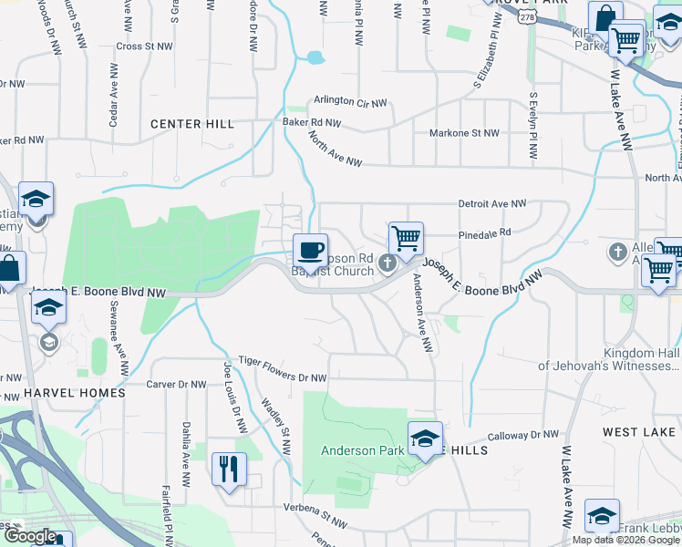 map of restaurants, bars, coffee shops, grocery stores, and more near 370 Yonkers Avenue Northwest in Atlanta