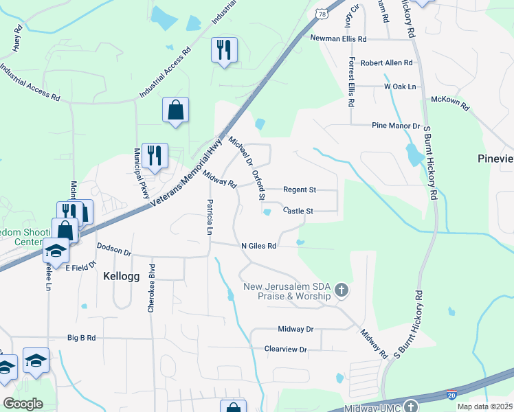 map of restaurants, bars, coffee shops, grocery stores, and more near 1520 Oxford Street in Douglasville