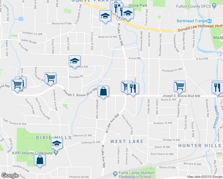map of restaurants, bars, coffee shops, grocery stores, and more near 1669 Simpson Road Northwest in Atlanta