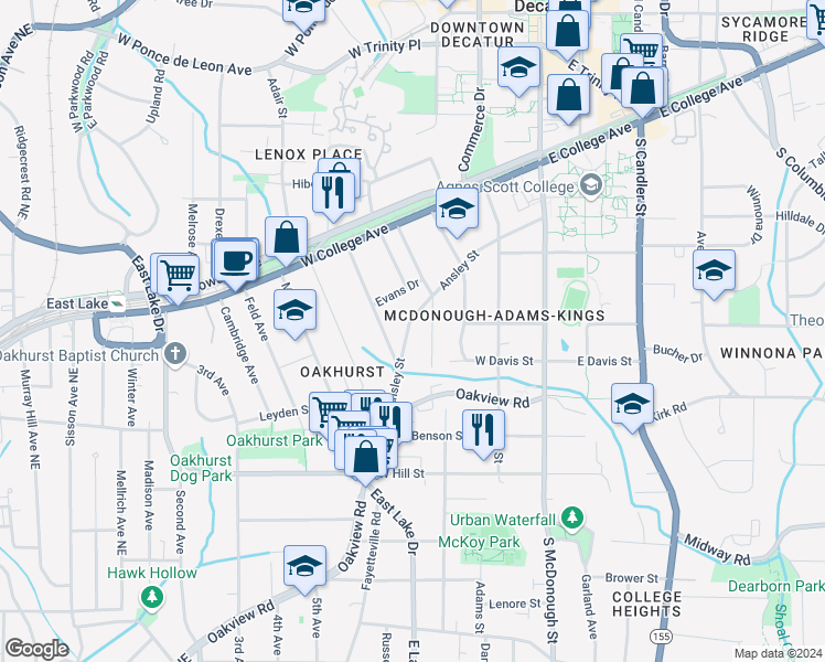 map of restaurants, bars, coffee shops, grocery stores, and more near 423 Ansley Street in Decatur