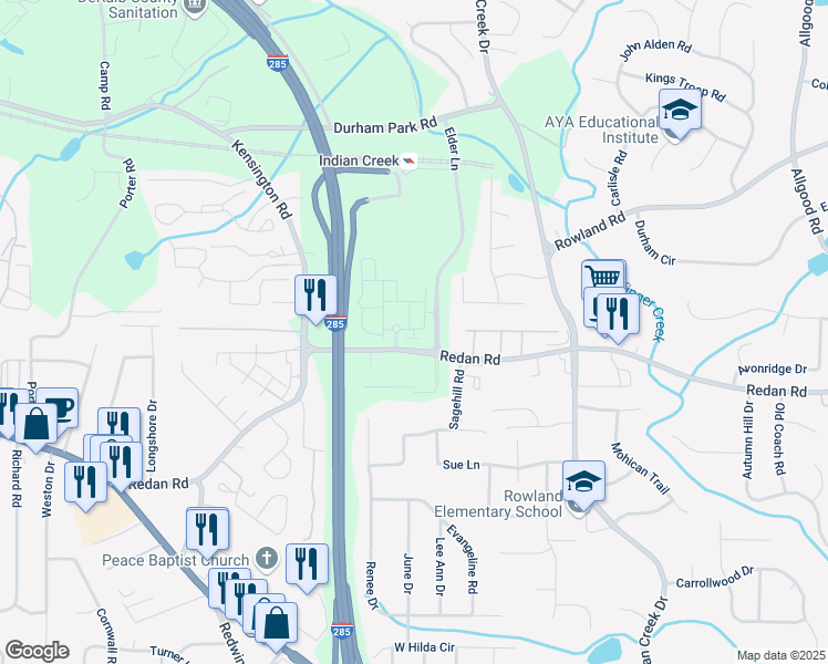map of restaurants, bars, coffee shops, grocery stores, and more near 3960 Redan Road in Stone Mountain