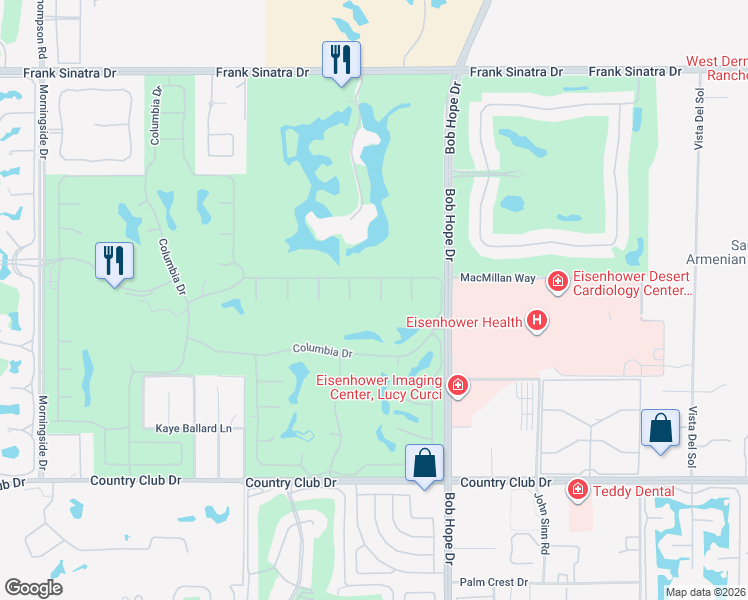 map of restaurants, bars, coffee shops, grocery stores, and more near 9 Whittier Court in Rancho Mirage