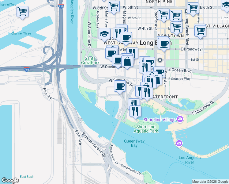map of restaurants, bars, coffee shops, grocery stores, and more near 320 Golden Shore in Long Beach