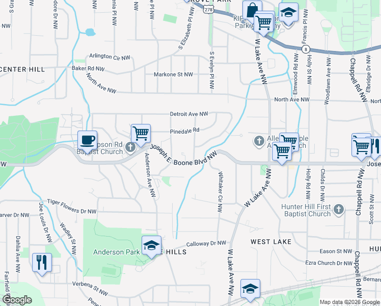 map of restaurants, bars, coffee shops, grocery stores, and more near 361 Simpson Terrace Northwest in Atlanta