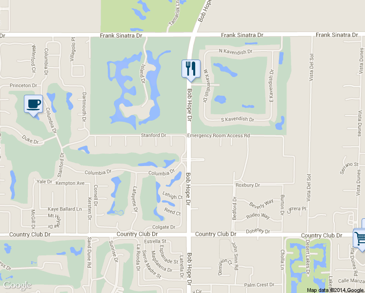 map of restaurants, bars, coffee shops, grocery stores, and more near 4 Stanford Drive in Rancho Mirage