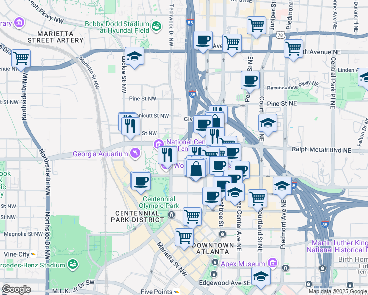 map of restaurants, bars, coffee shops, grocery stores, and more near 355 Centennial Olympic Park Drive Northwest in Atlanta