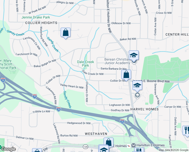 map of restaurants, bars, coffee shops, grocery stores, and more near 2666 Santa Barbara Drive Northwest in Atlanta