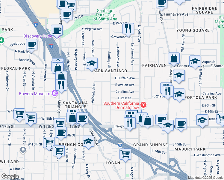 map of restaurants, bars, coffee shops, grocery stores, and more near 709 East Avalon Avenue in Santa Ana
