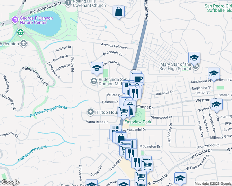 map of restaurants, bars, coffee shops, grocery stores, and more near 1825 Valleta Drive in Rancho Palos Verdes