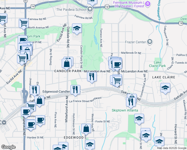 map of restaurants, bars, coffee shops, grocery stores, and more near 1527 McLendon Avenue Northeast in Atlanta