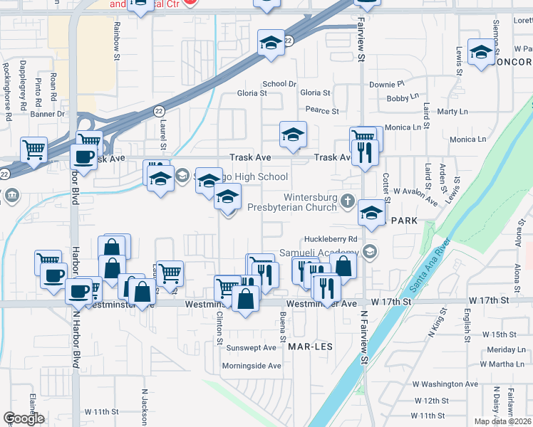 map of restaurants, bars, coffee shops, grocery stores, and more near 13686 Roxey Drive in Garden Grove