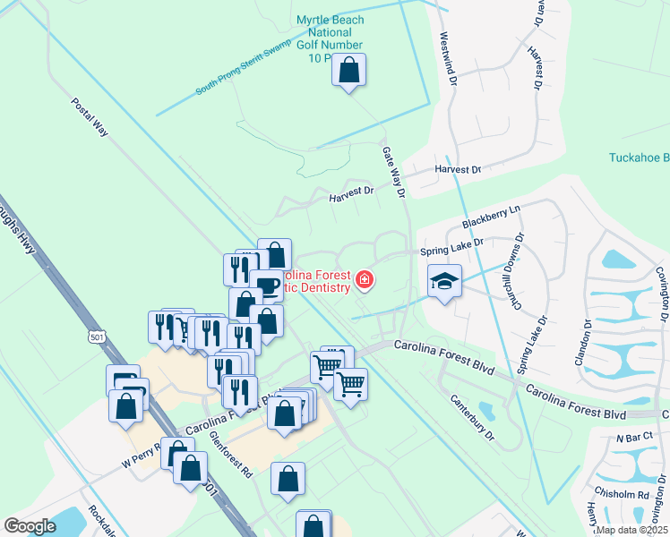 map of restaurants, bars, coffee shops, grocery stores, and more near 104 Ashley Park Drive in Myrtle Beach
