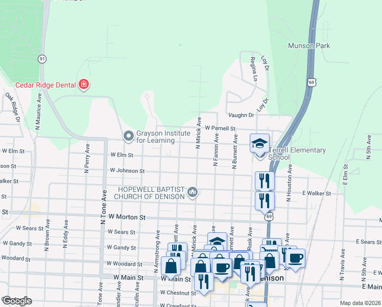 map of restaurants, bars, coffee shops, grocery stores, and more near 600 Martin Luther King Street in Denison