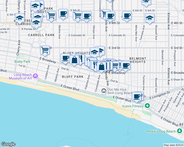 map of restaurants, bars, coffee shops, grocery stores, and more near 3101 2nd Street in Long Beach