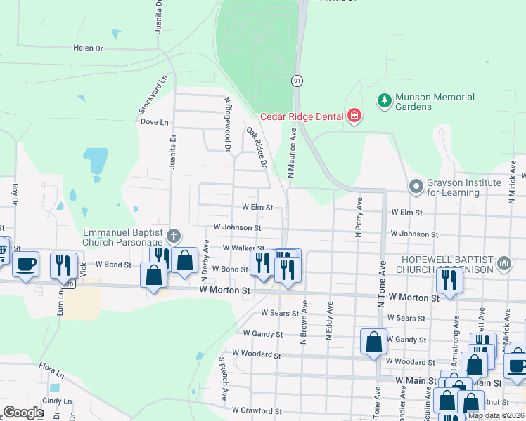 map of restaurants, bars, coffee shops, grocery stores, and more near 1531 West Elm Street in Denison