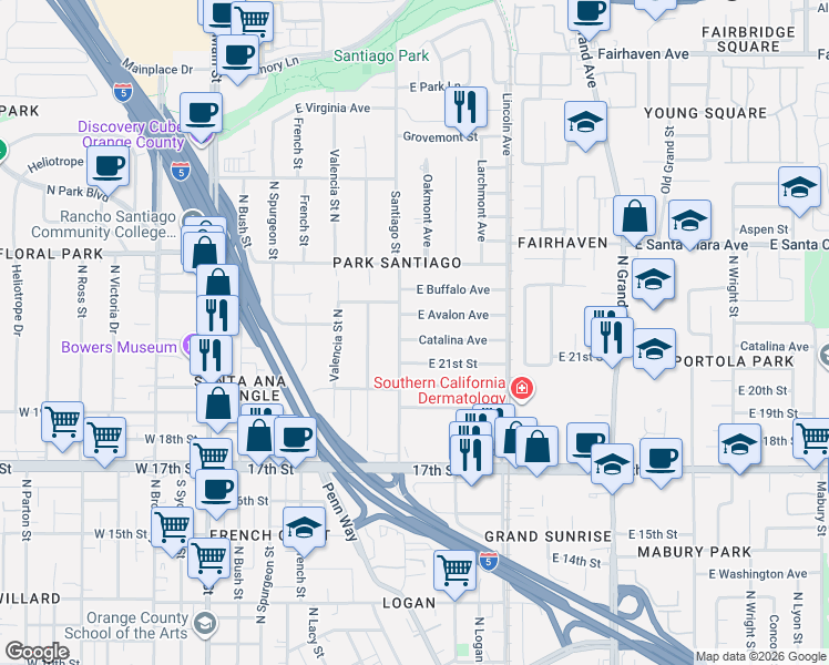 map of restaurants, bars, coffee shops, grocery stores, and more near in Santa Ana