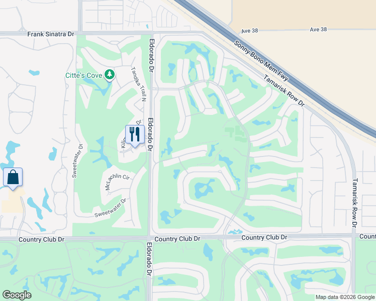map of restaurants, bars, coffee shops, grocery stores, and more near 76162 Impatiens Circle in Palm Desert