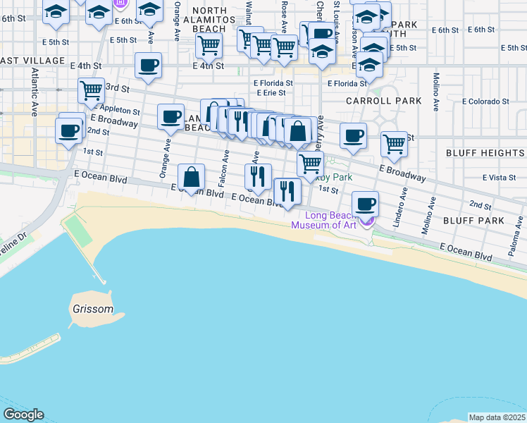 map of restaurants, bars, coffee shops, grocery stores, and more near 1750 East Ocean Boulevard in Long Beach