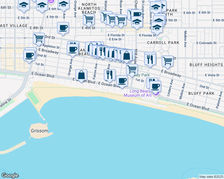 map of restaurants, bars, coffee shops, grocery stores, and more near 1750 East Ocean Boulevard in Long Beach